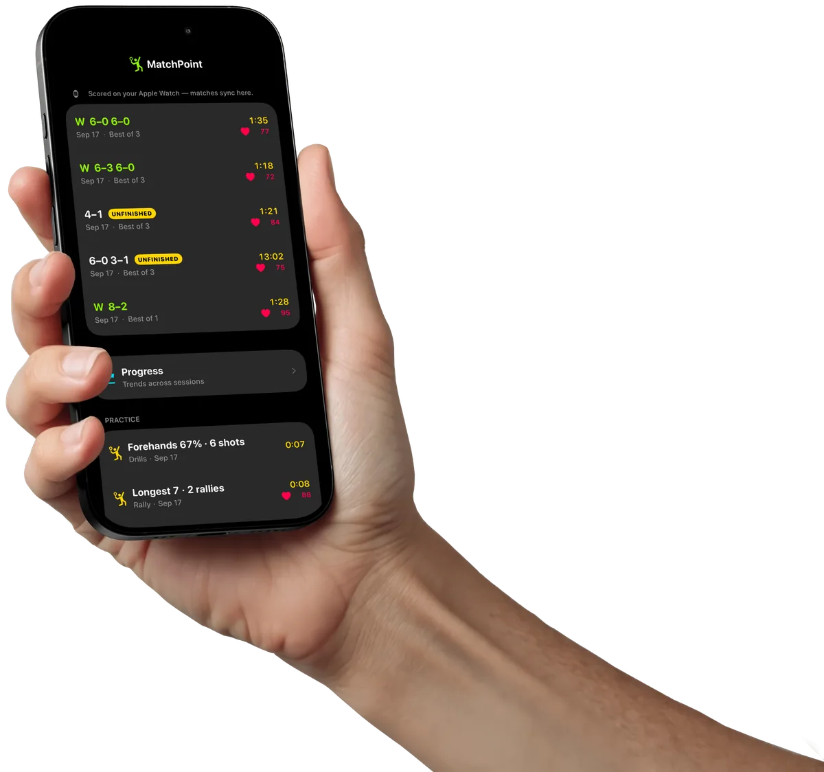 A hand holding an iPhone showing the MatchPoint match log — wins, unfinished matches, and practice sessions