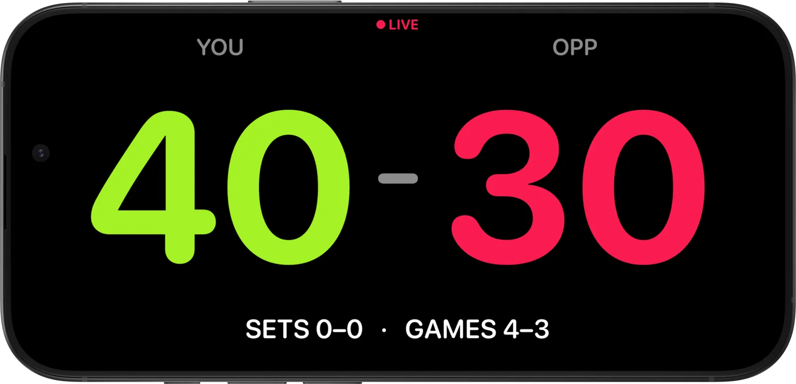 iPhone in landscape showing the live courtside scoreboard — 40 to 30, sets 0–0, games 4–3