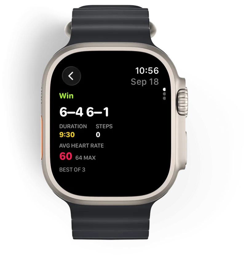A saved match — win 6–4 6–1 with duration, steps, and average heart rate